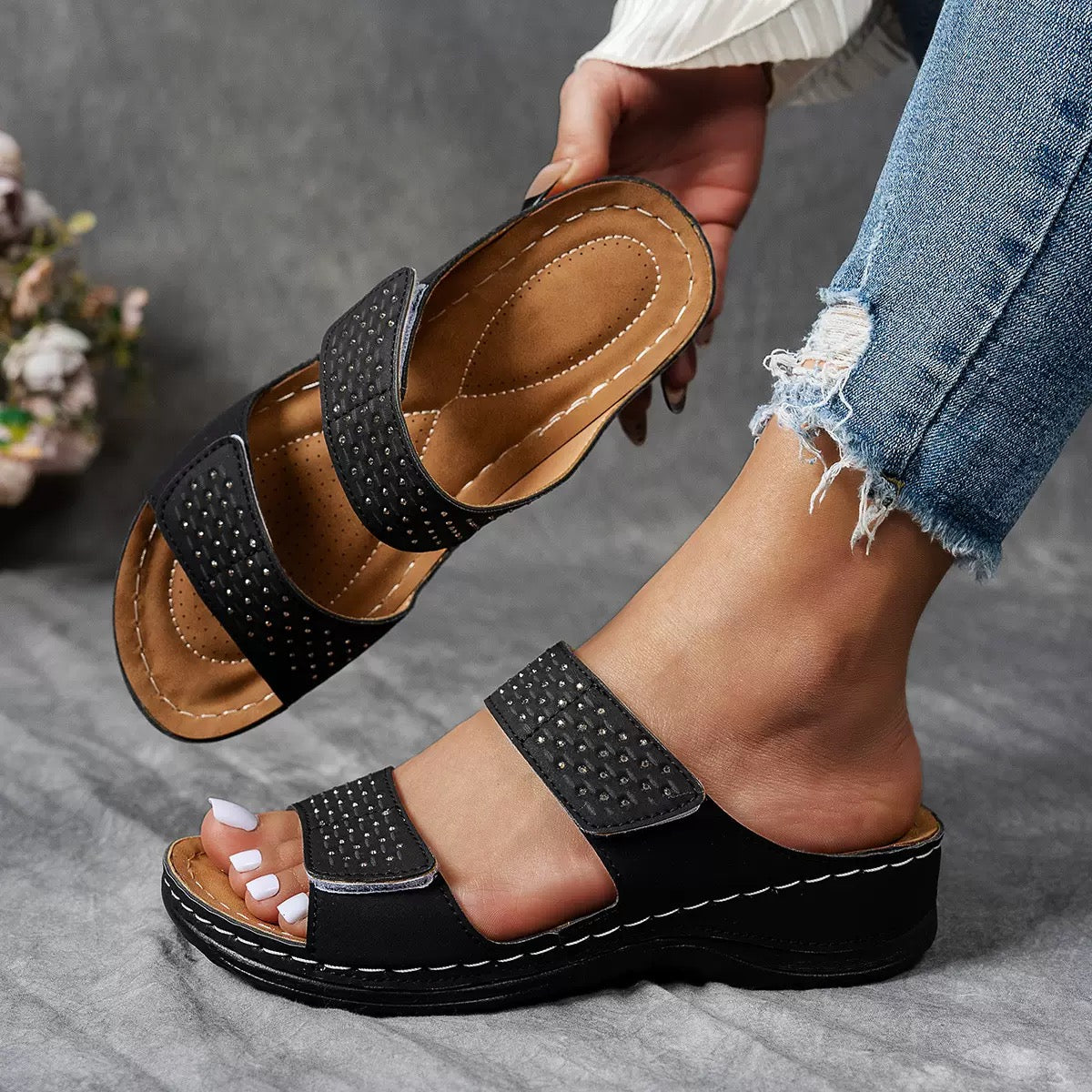 Faye | Women's Studded Double Strap Wedge Mule