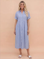 Tracey | Women's Striped Linen Shirt Midi Dress