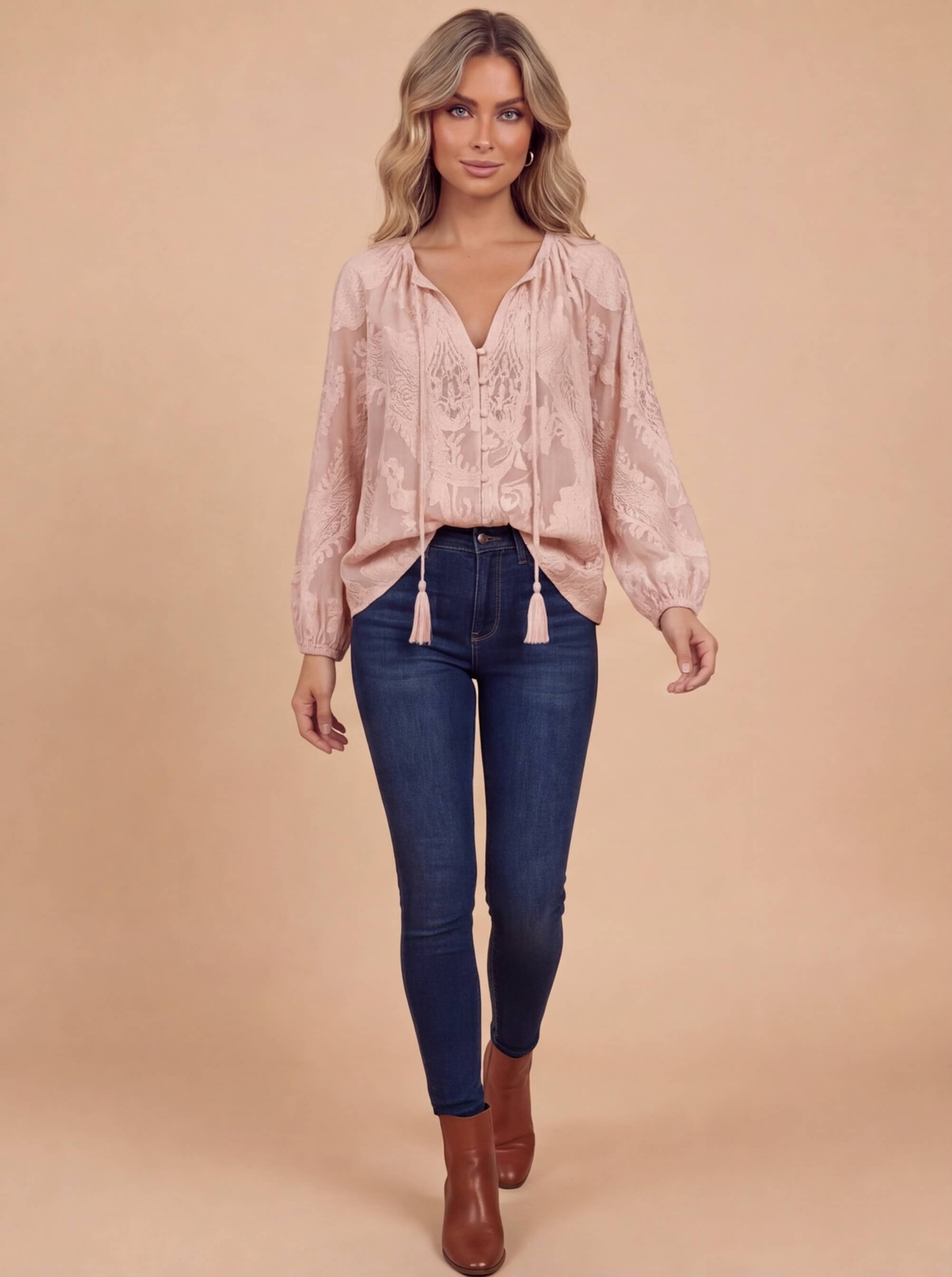 Sara | Women's Boho Lace Blouse with Tassel Tie Neckline