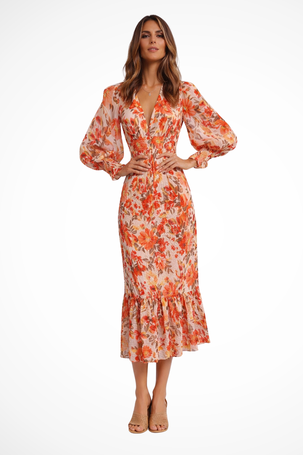 Rylee | Women V Neck Long Sleeve Floral Summer Midi Dress