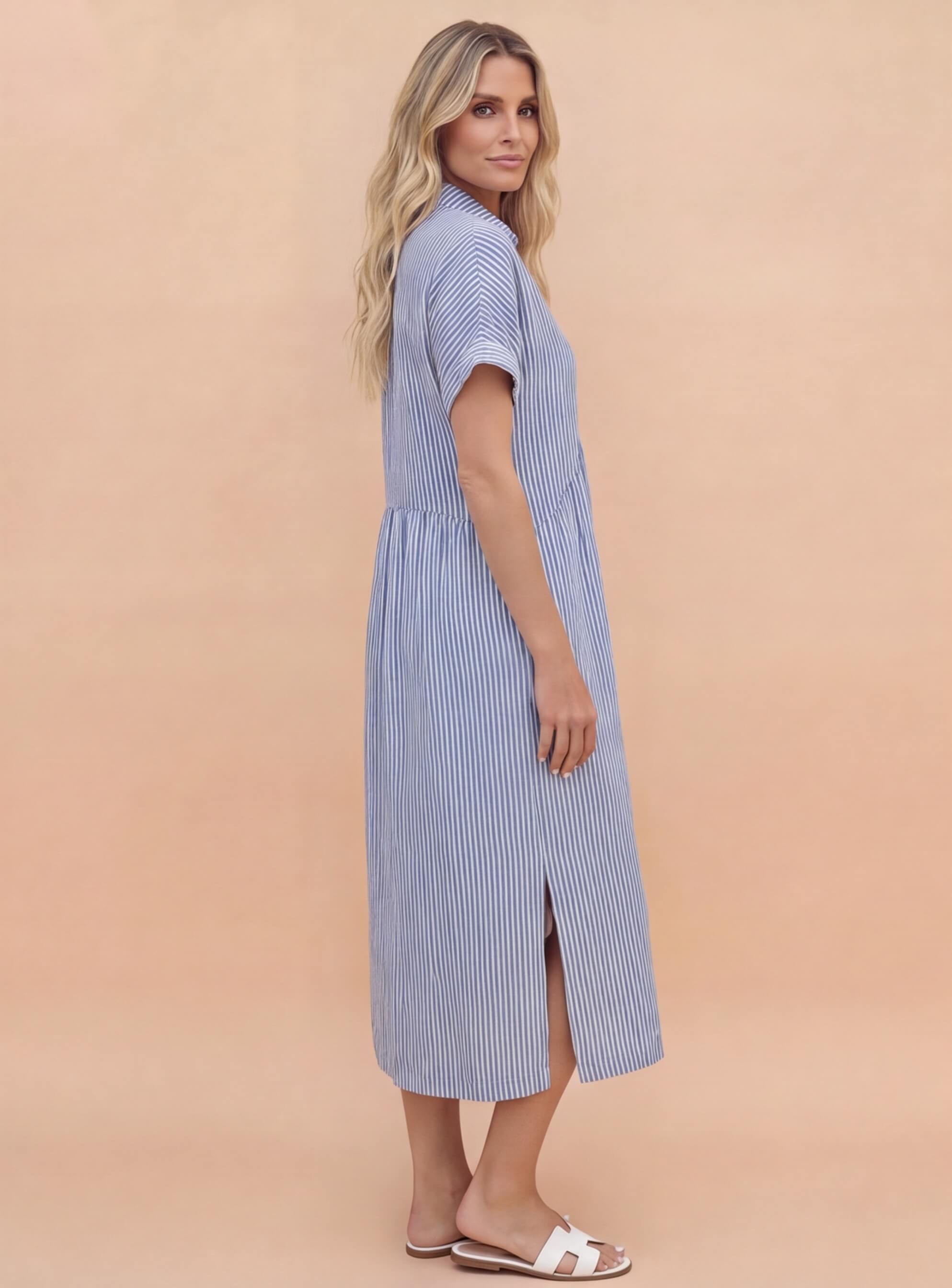 Tracey | Women's Striped Linen Shirt Midi Dress