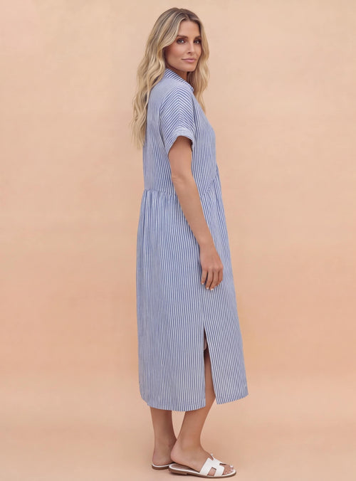 Tracey | Women's Striped Linen Shirt Midi Dress