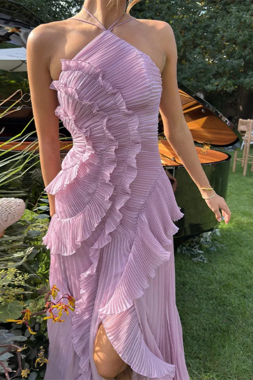 Sarah | Women’s Sleeveless Halter Backless Ruffled Maxi Summer Wedding Guest Dress