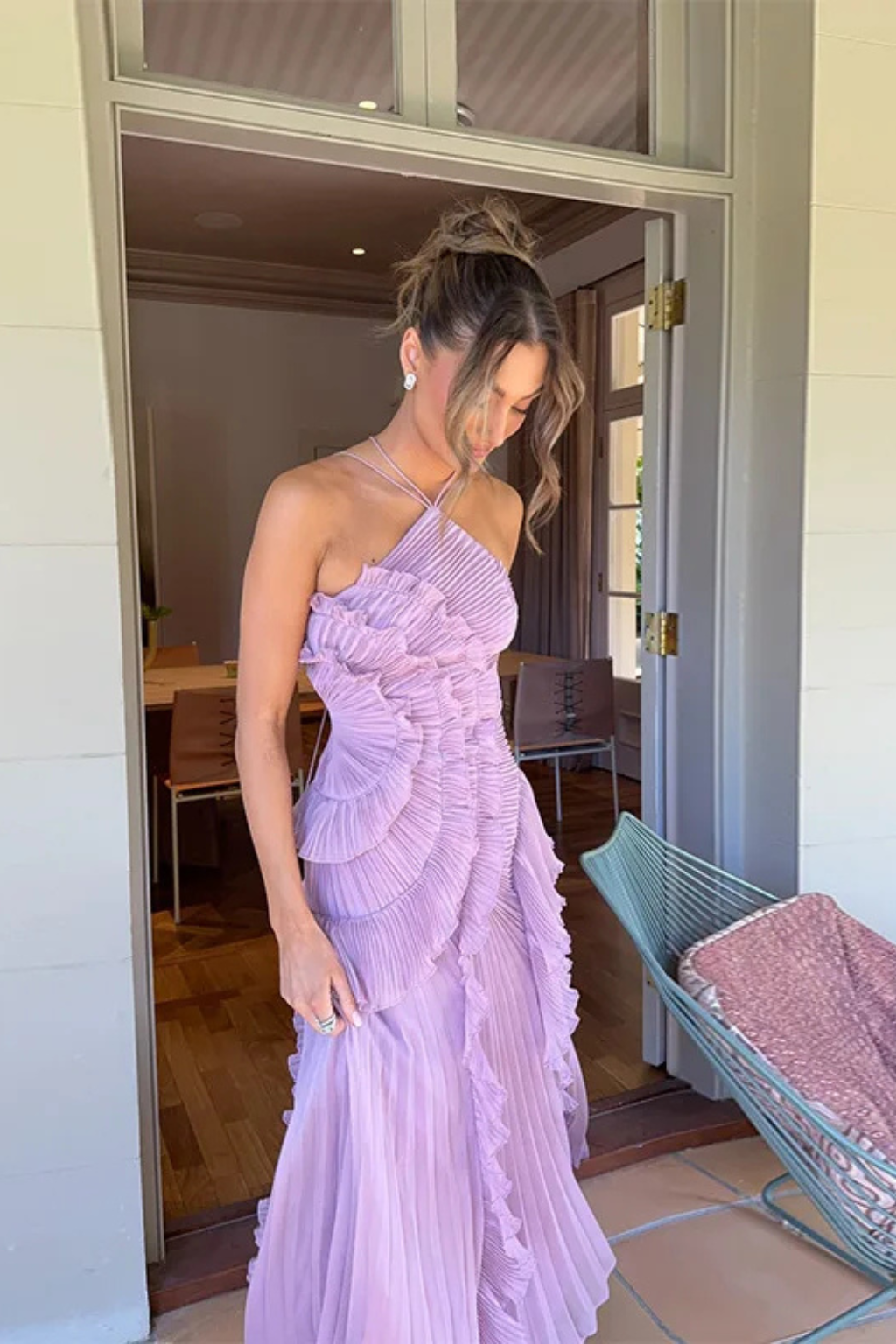 Sarah | Women’s Sleeveless Halter Backless Ruffled Maxi Summer Wedding Guest Dress