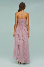 Sarah | Women’s Sleeveless Halter Backless Ruffled Maxi Summer Wedding Guest Dress
