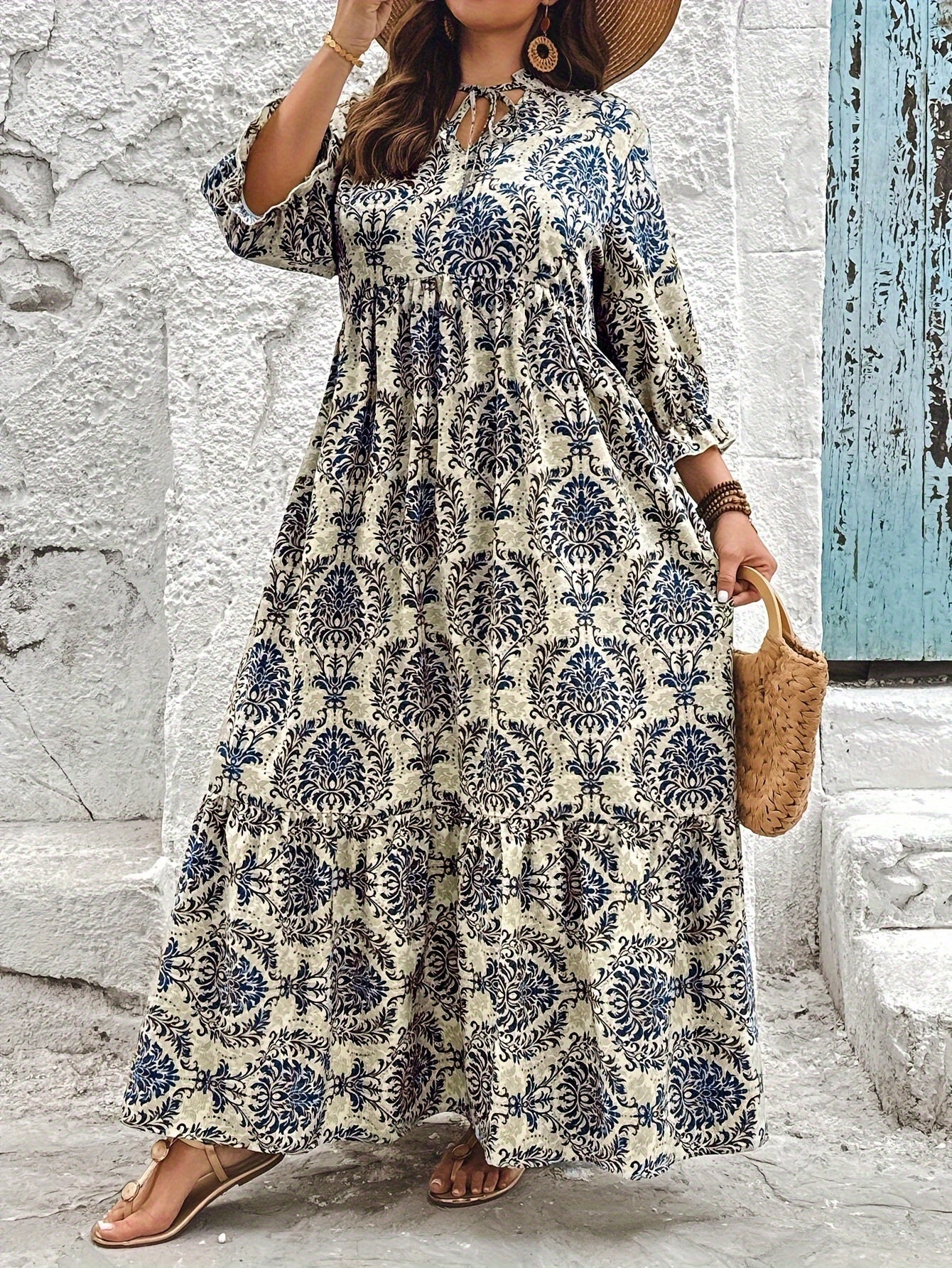 Jade | Women's Boho Damask Print Tiered Maxi Dress
