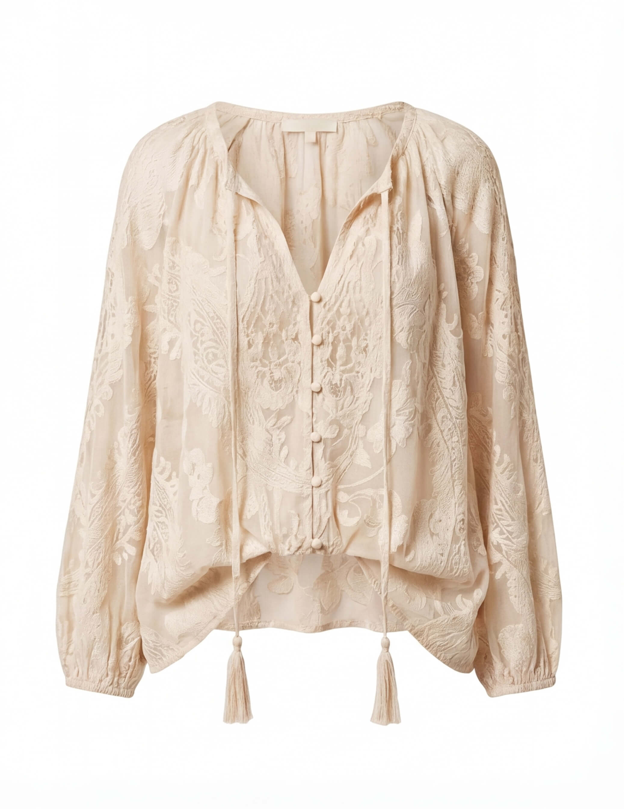Sara | Women's Boho Lace Blouse with Tassel Tie Neckline