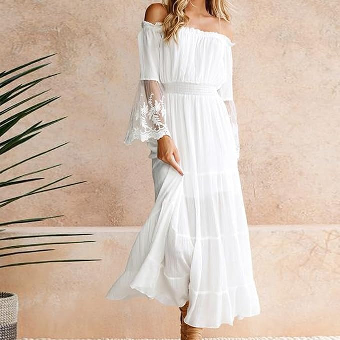 Katie | Women's Off-Shoulder Lace Sleeve Maxi Dress