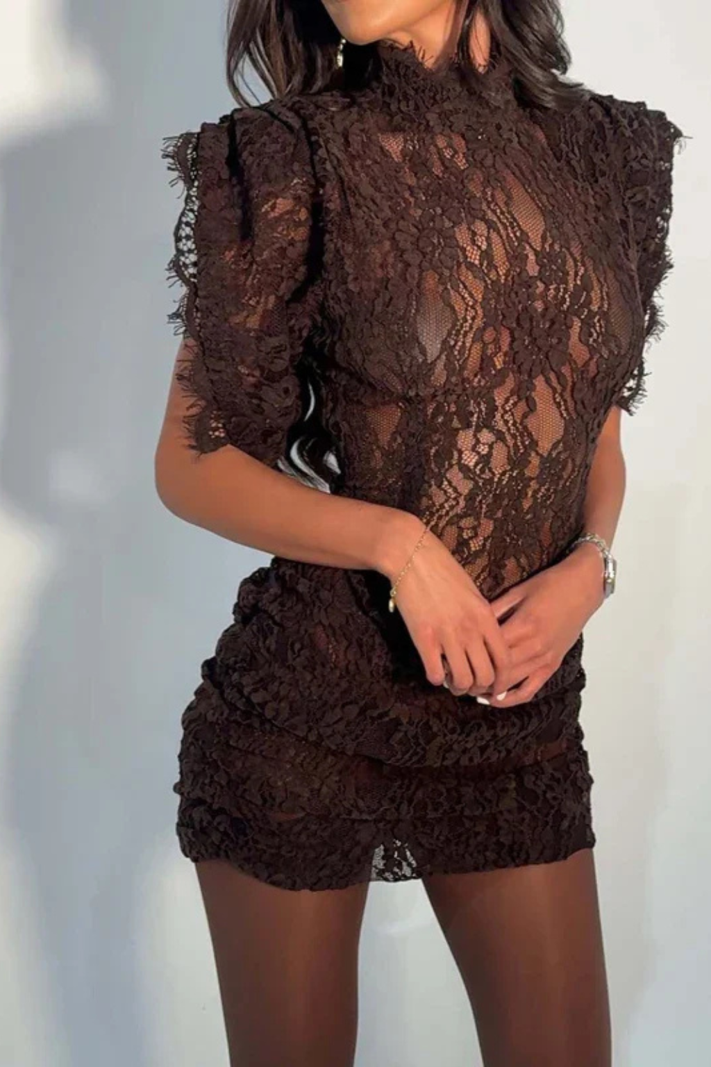 Jasmin | Women High Neck Sleeveless Lace Trim Bodycon Mini Dress