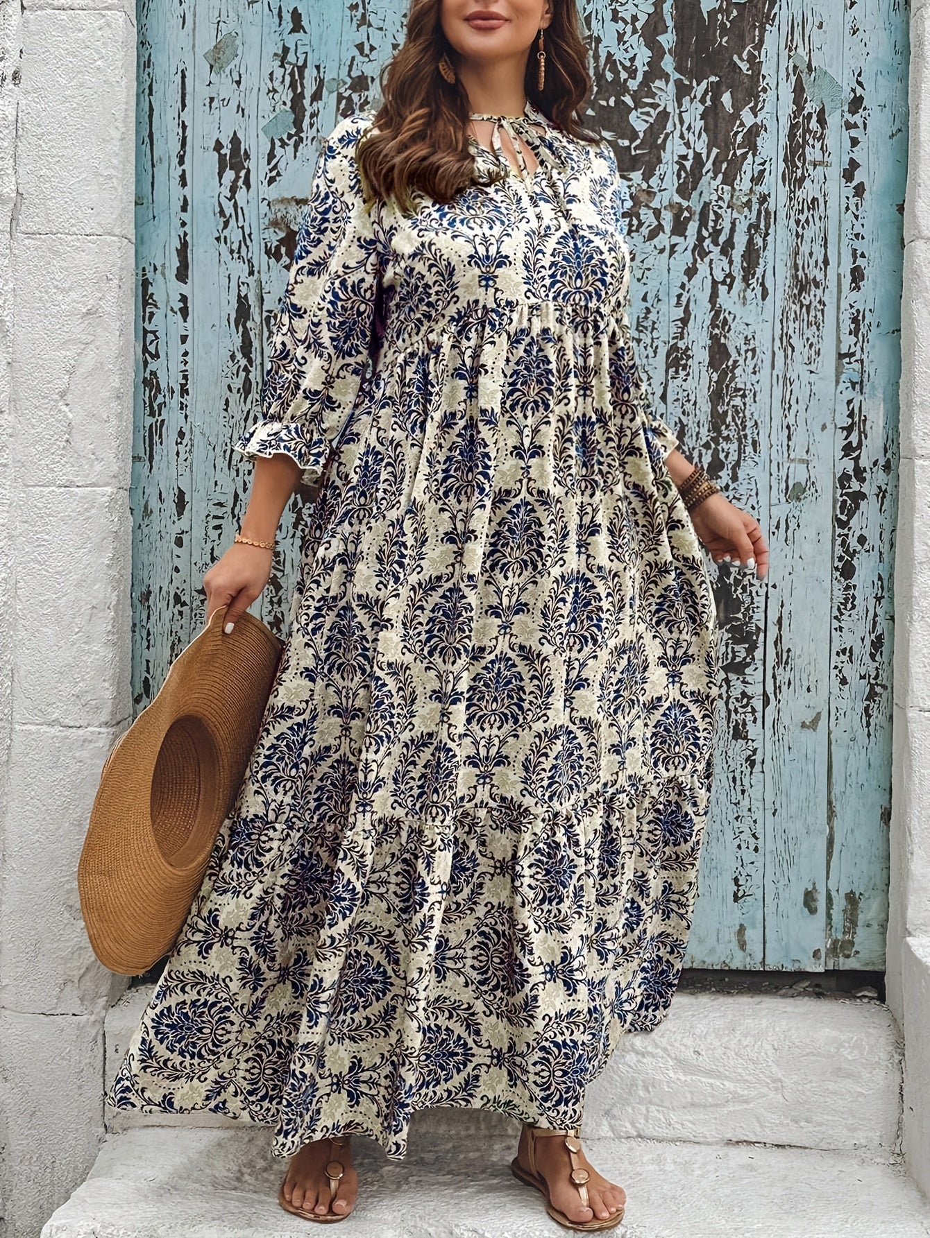 Jade | Women's Boho Damask Print Tiered Maxi Dress