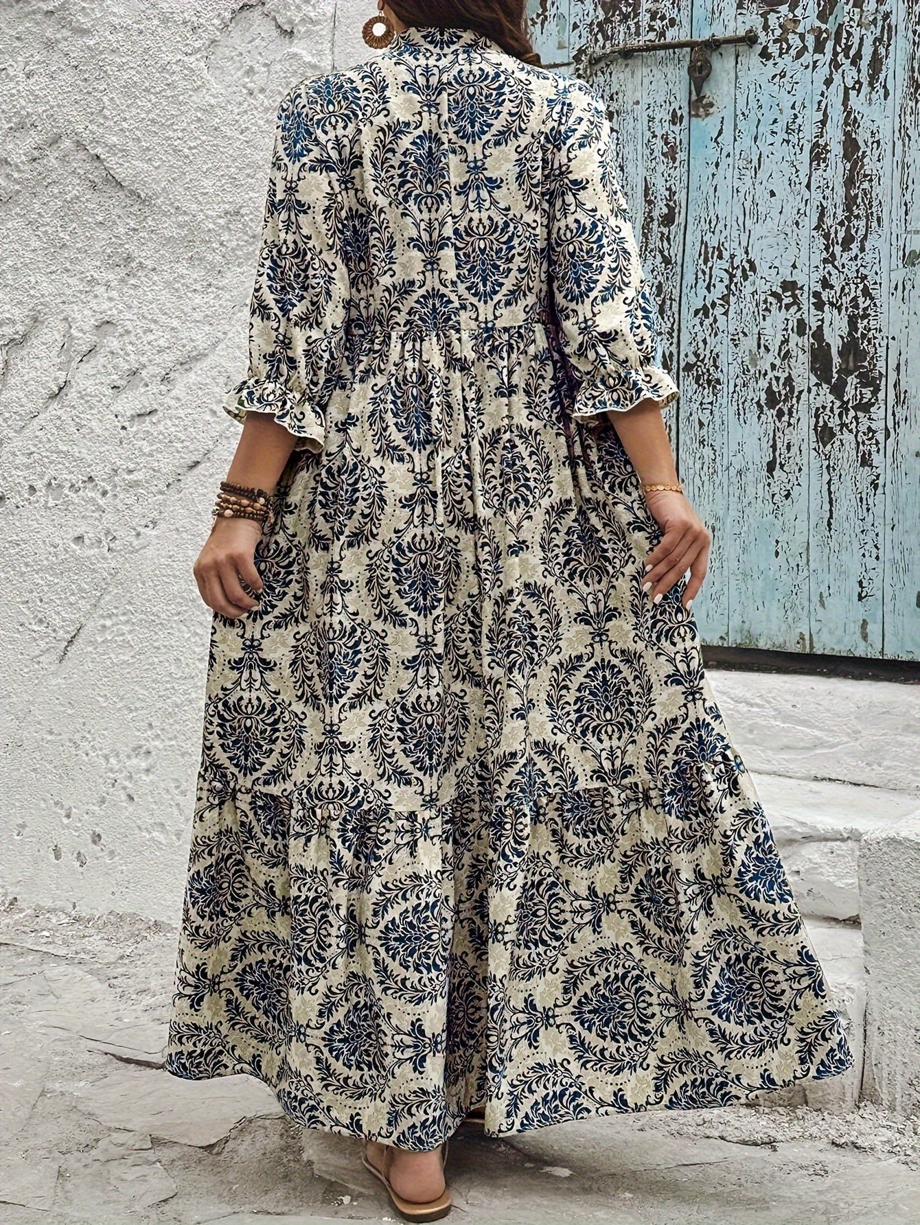 Jade | Women's Boho Damask Print Tiered Maxi Dress