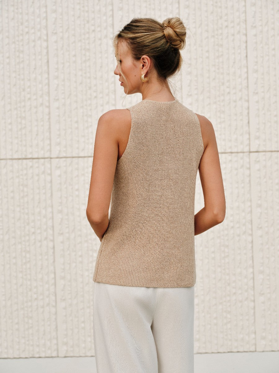 Amanda | Women's Gold Halter Neck Cross-Front Knit Top