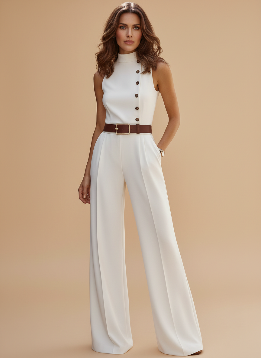 Anna | Women's Sleeveless Button-Front Wide Leg Jumpsuit