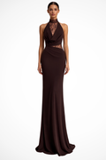 Genevieve | Women Halter Neck Lace Panel Sleeveless Wedding Guest Maxi Dress