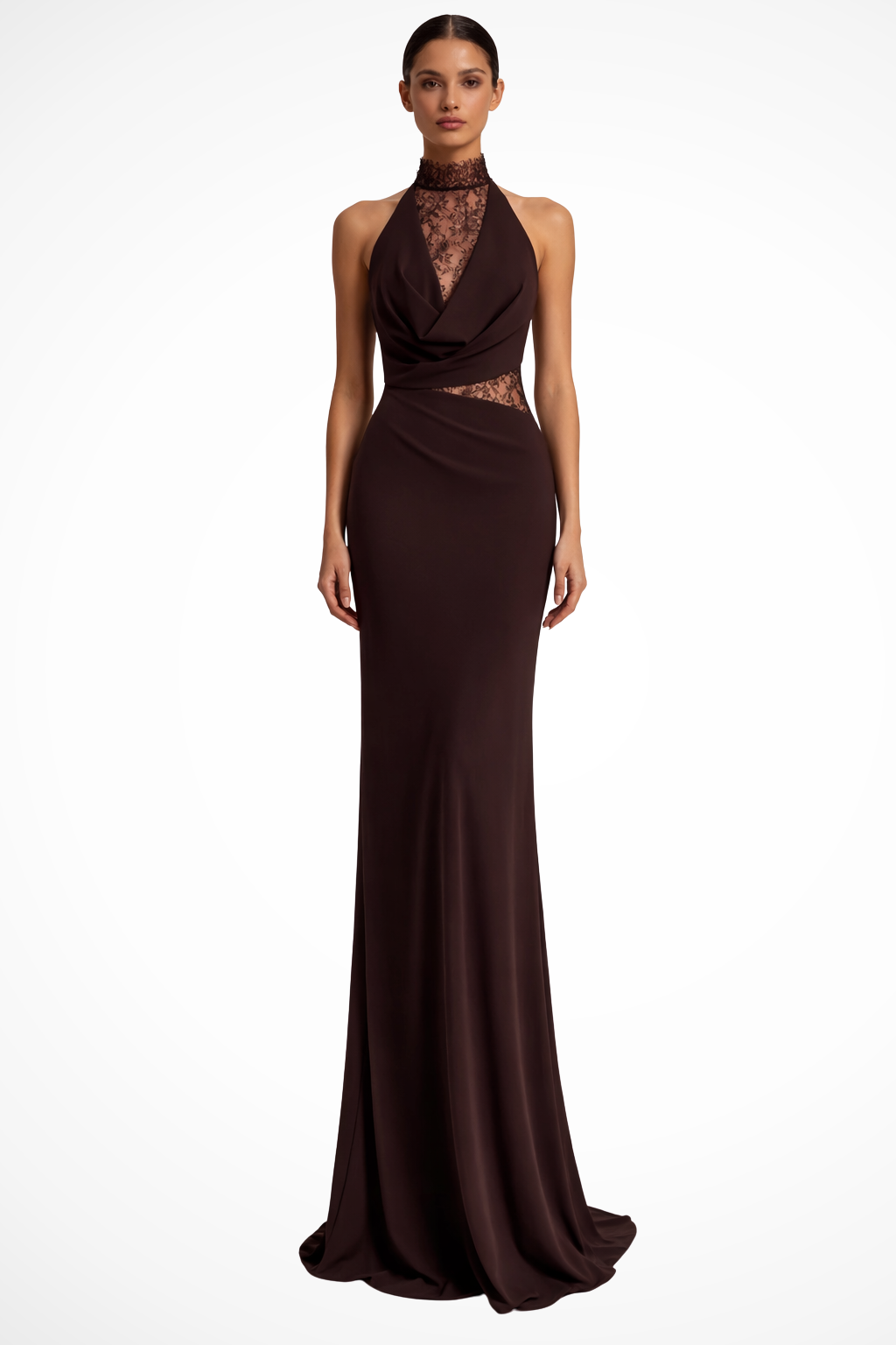 Genevieve | Women Halter Neck Lace Panel Sleeveless Wedding Guest Maxi Dress