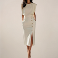 Stella | Women's White Padded Shoulder Midi Skirt Co-Ord Set