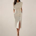 Stella | Women's White Padded Shoulder Midi Skirt Co-Ord Set