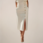 Stella | Women's White Padded Shoulder Midi Skirt Co-Ord Set