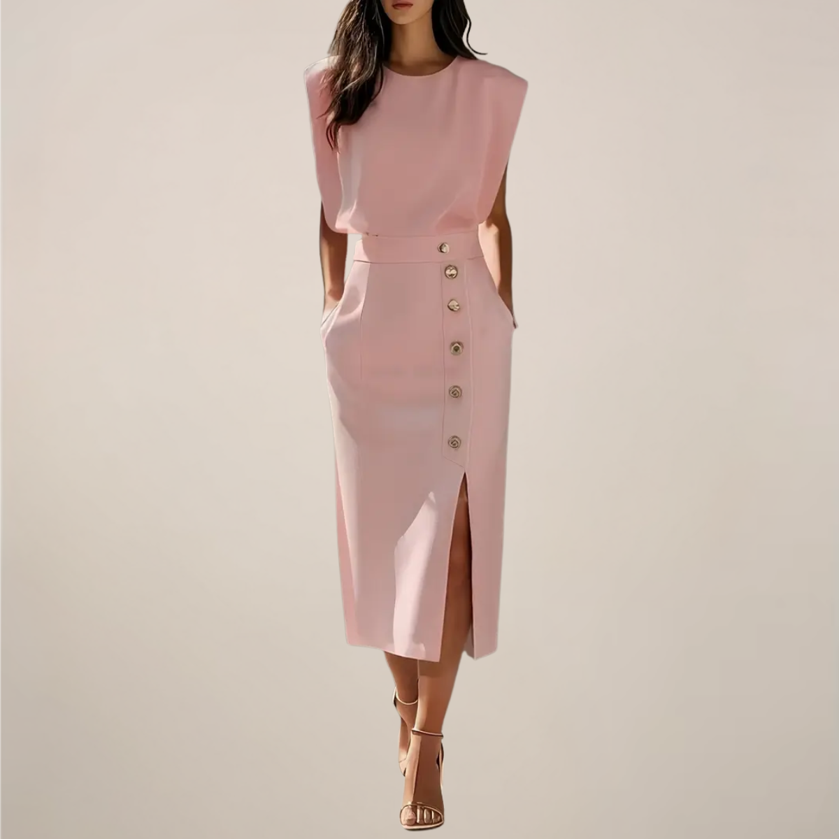 Stella | Women's White Padded Shoulder Midi Skirt Co-Ord Set