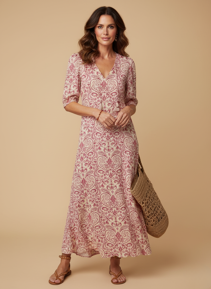 Lynda | Women's Ikat Print Tassel Tie Maxi Dress