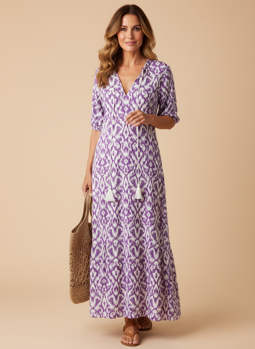Lynda | Women's Ikat Print Tassel Tie Maxi Dress