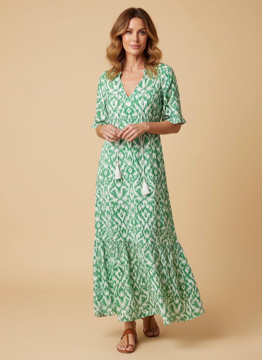 Lynda | Women's Ikat Print Tassel Tie Maxi Dress