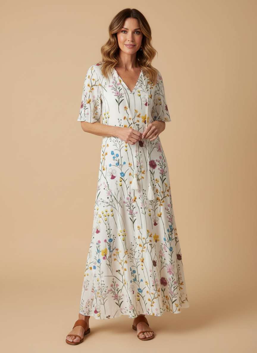 Lynda | Women's Ikat Print Tassel Tie Maxi Dress