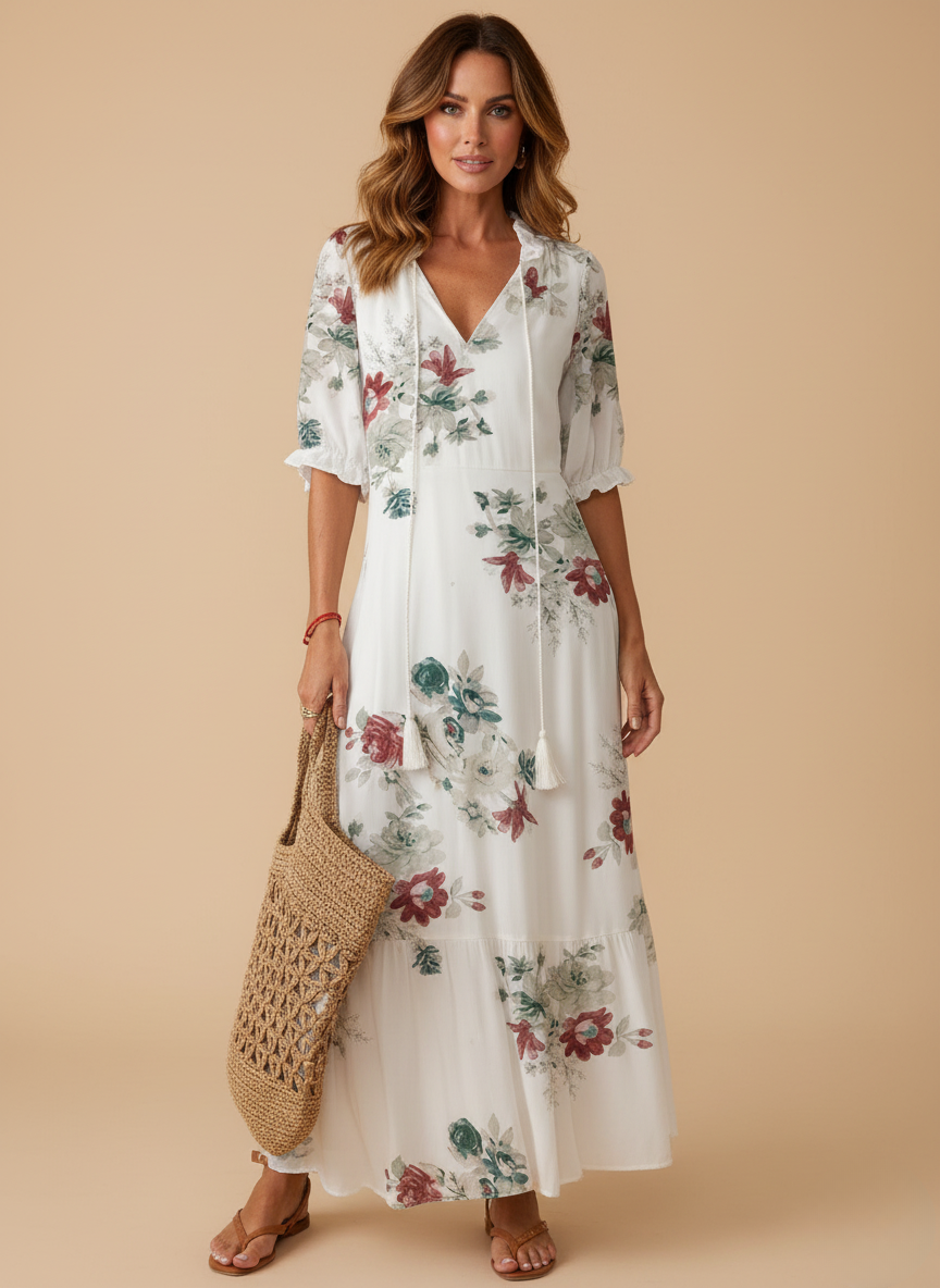 Lynda | Women's Ikat Print Tassel Tie Maxi Dress