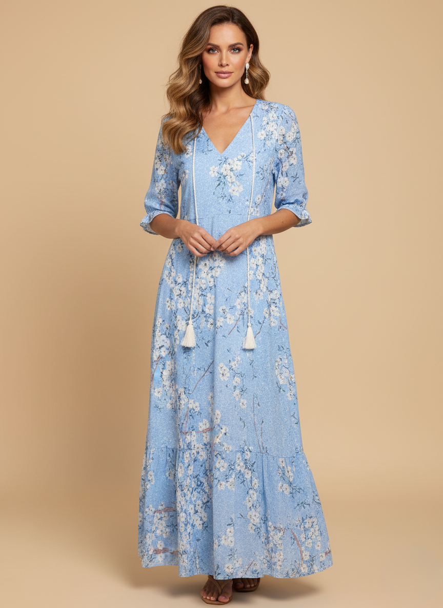 Lynda | Women's Ikat Print Tassel Tie Maxi Dress