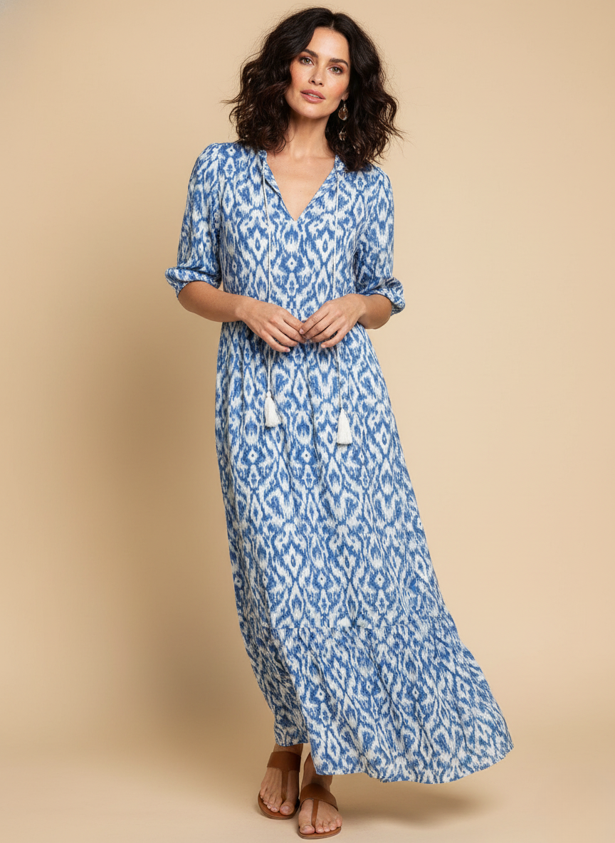 Lynda | Women's Ikat Print Tassel Tie Maxi Dress