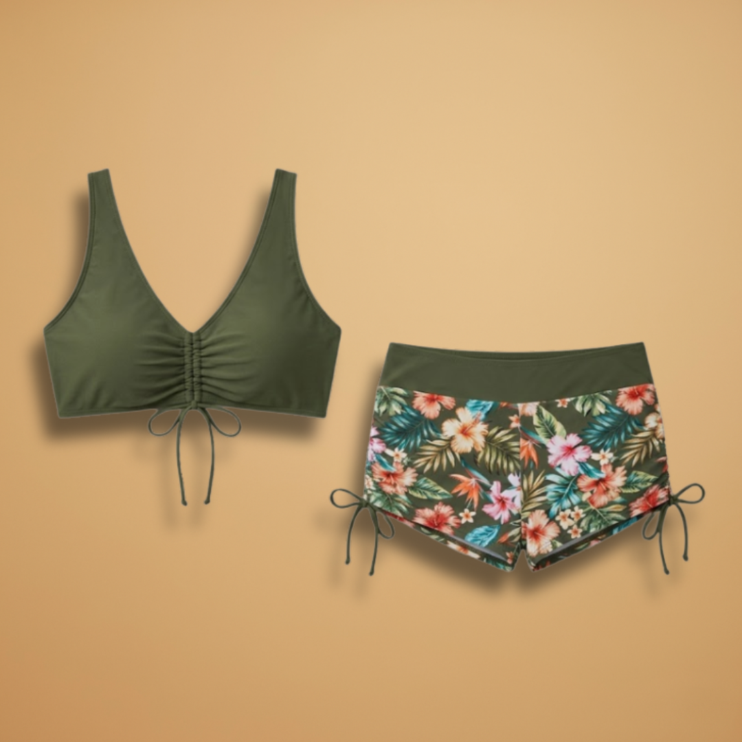Becky | Women's Ruched Tie Front Bikini & Floral Boyshort Set