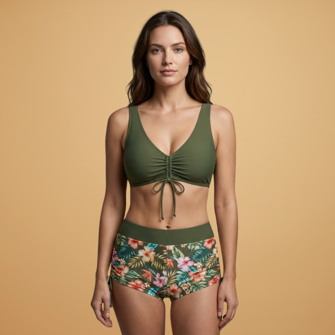 Becky | Women's Ruched Tie Front Bikini & Floral Boyshort Set