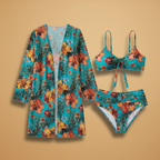 Rosie | Women's Tropical Print Kimono, Bikini Top & Brief Set