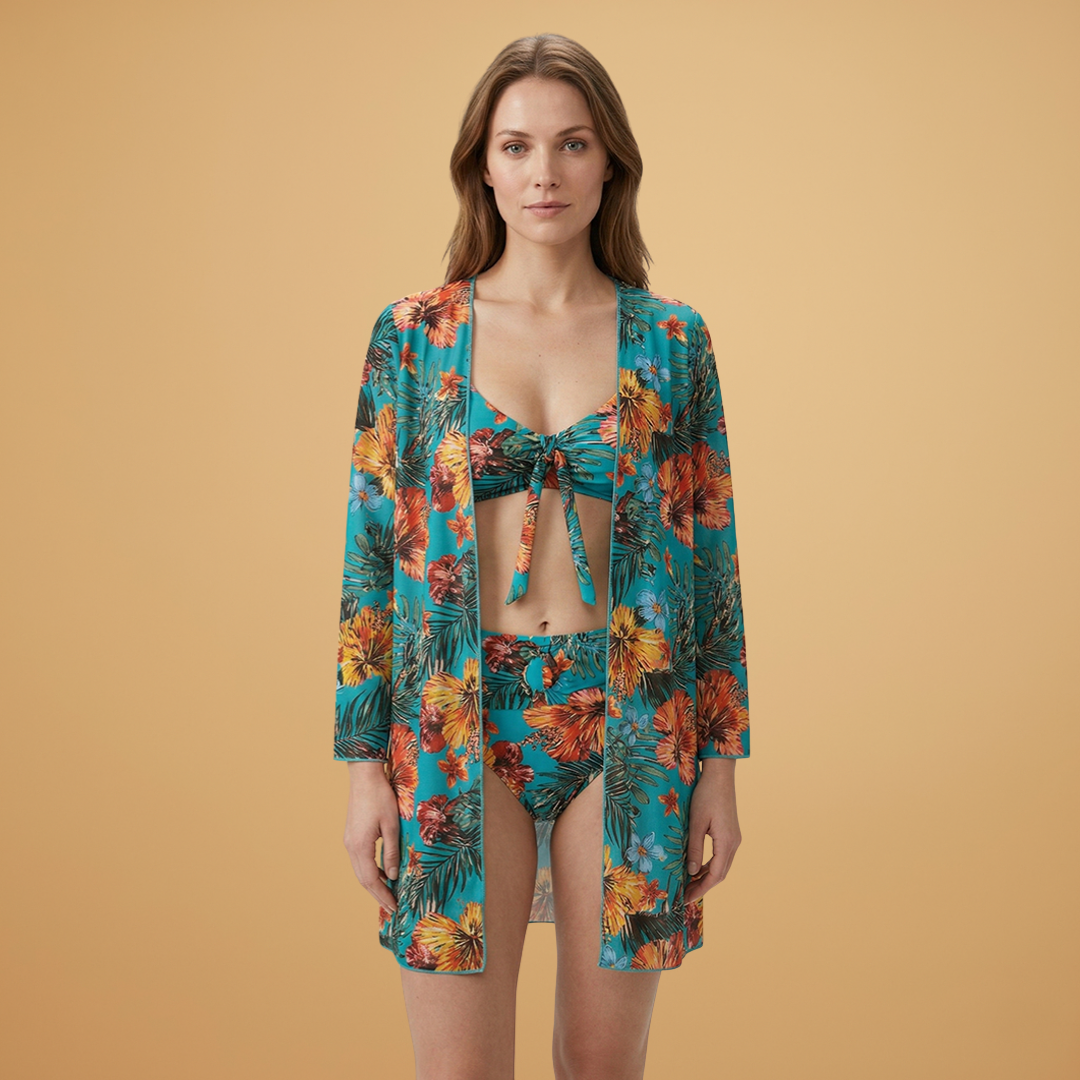 Rosie | Women's Tropical Print Kimono, Bikini Top & Brief Set