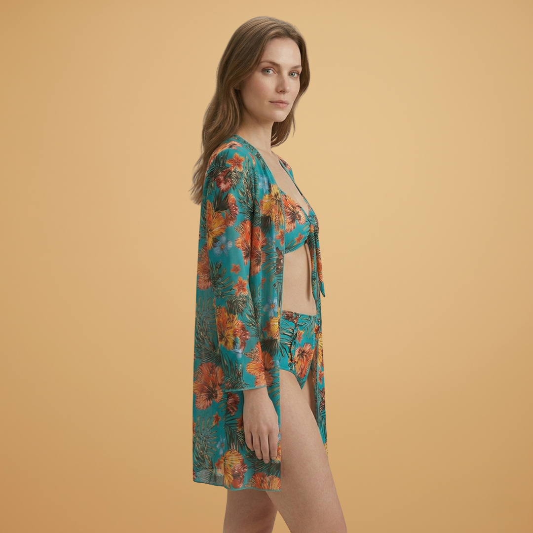 Rosie | Women's Tropical Print Kimono, Bikini Top & Brief Set