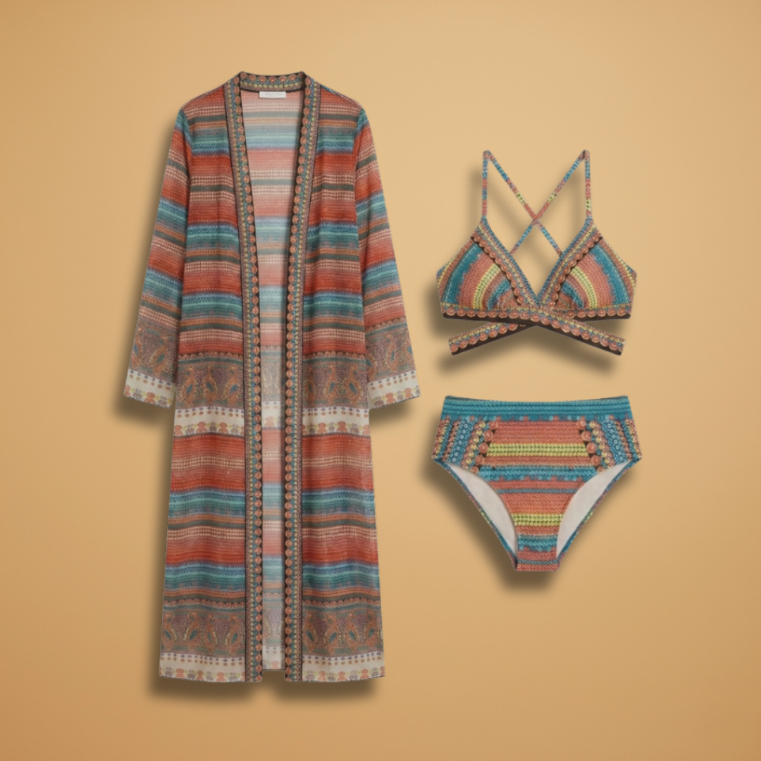 Amy | Women's Boho Stripe Kimono & Bikini Set