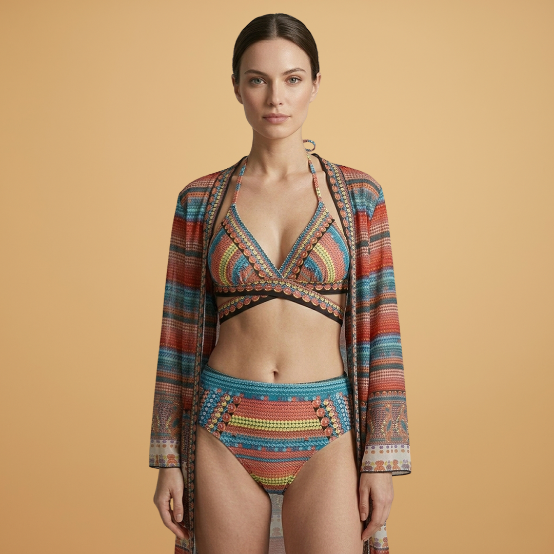 Amy | Women's Boho Stripe Kimono & Bikini Set
