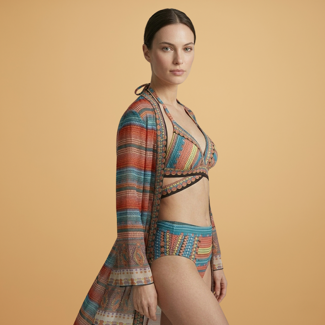 Amy | Women's Boho Stripe Kimono & Bikini Set