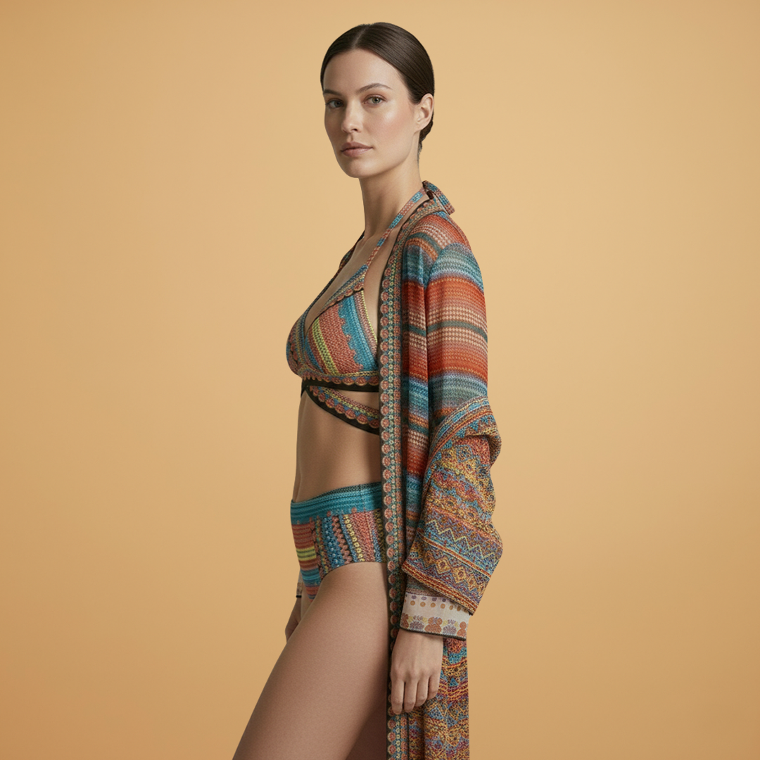 Amy | Women's Boho Stripe Kimono & Bikini Set