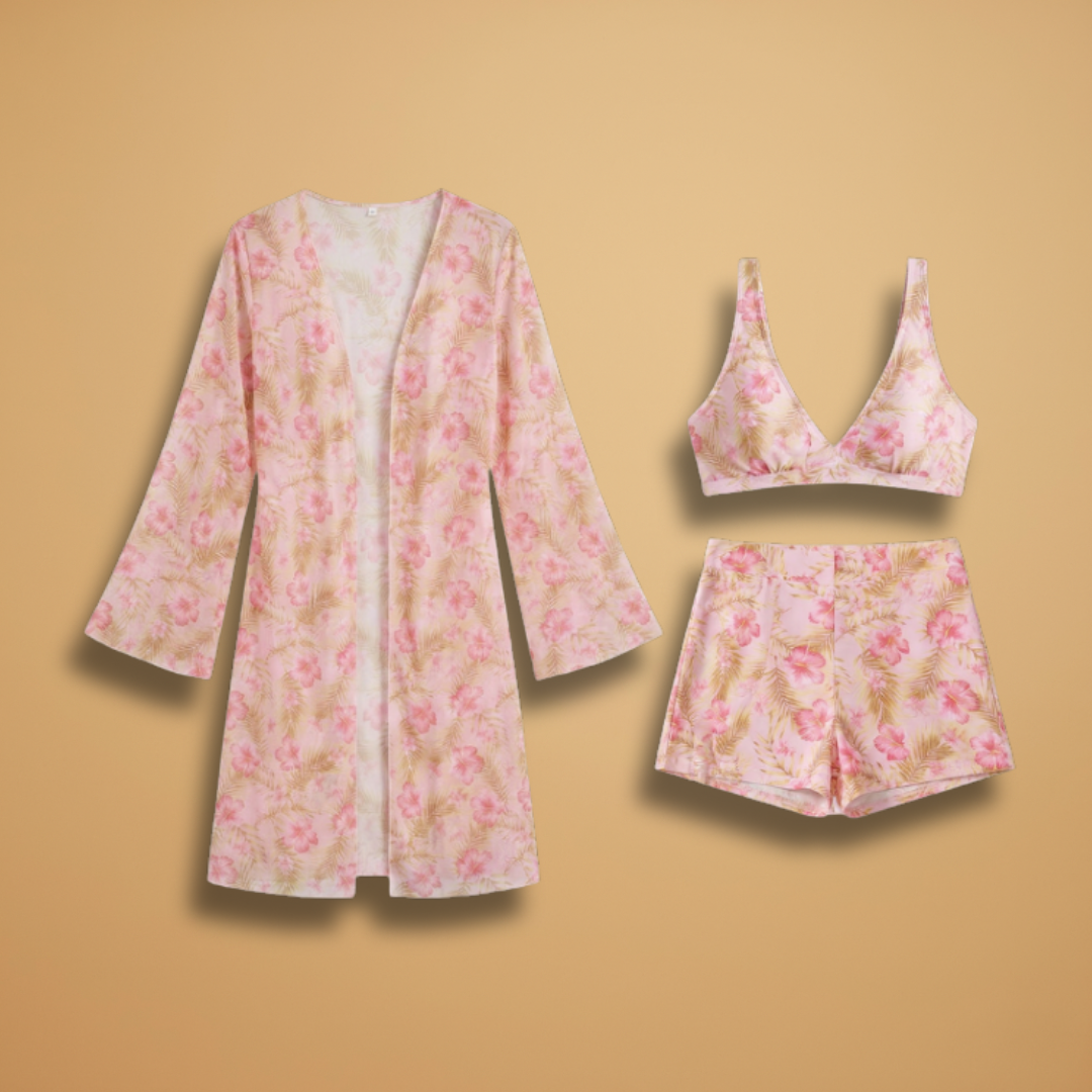 Lily | Women's Floral Print Kimono, Bralette & Shorts Three-Piece Set