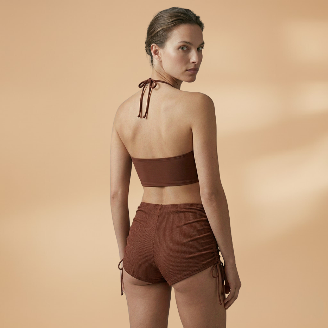 Paula | Women's Ribbed Halter Crop & Ruched Shorts Bikini Set