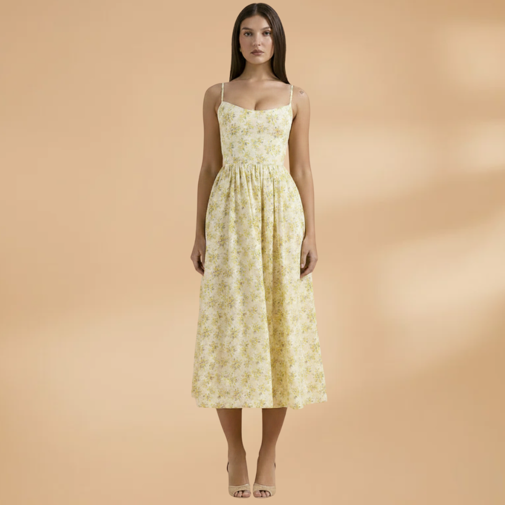 Chloe | Women's Floral Strappy Gathered Midi Dress