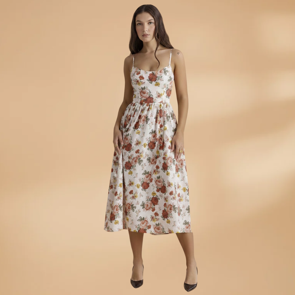 Chloe | Women's Floral Strappy Gathered Midi Dress