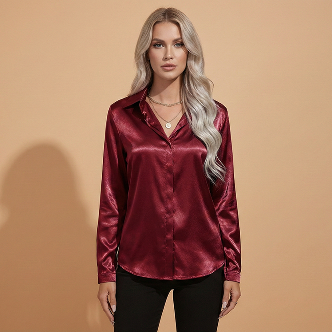 Amy | Women's Satin V-Neck Button Down Blouse