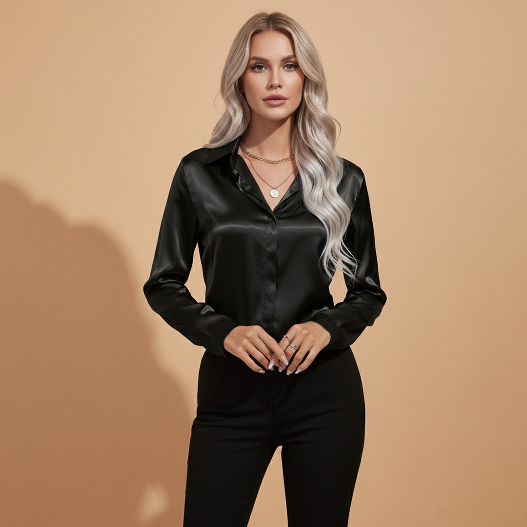 Amy | Women's Satin V-Neck Button Down Blouse