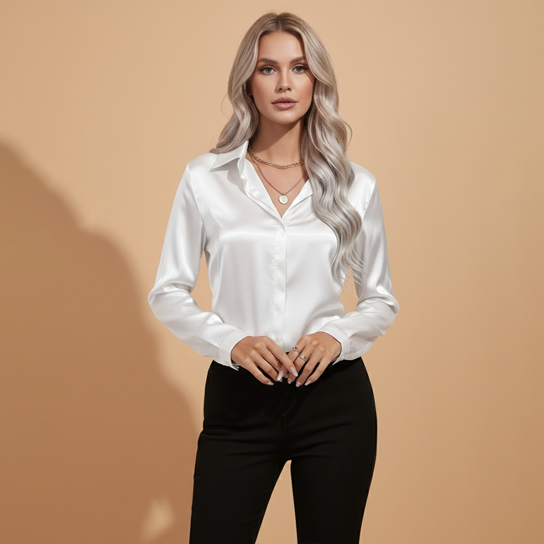 Amy | Women's Satin V-Neck Button Down Blouse