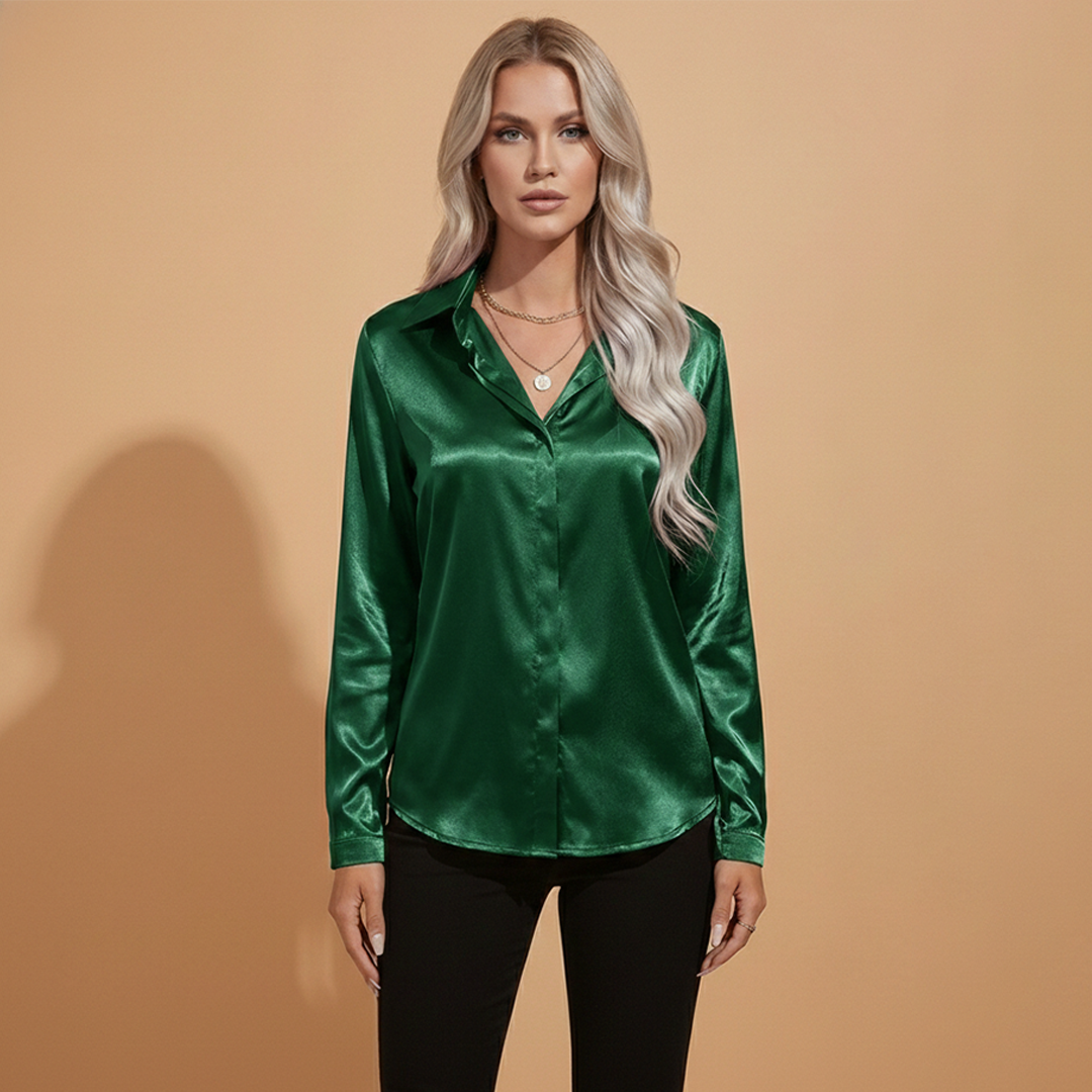 Amy | Women's Satin V-Neck Button Down Blouse