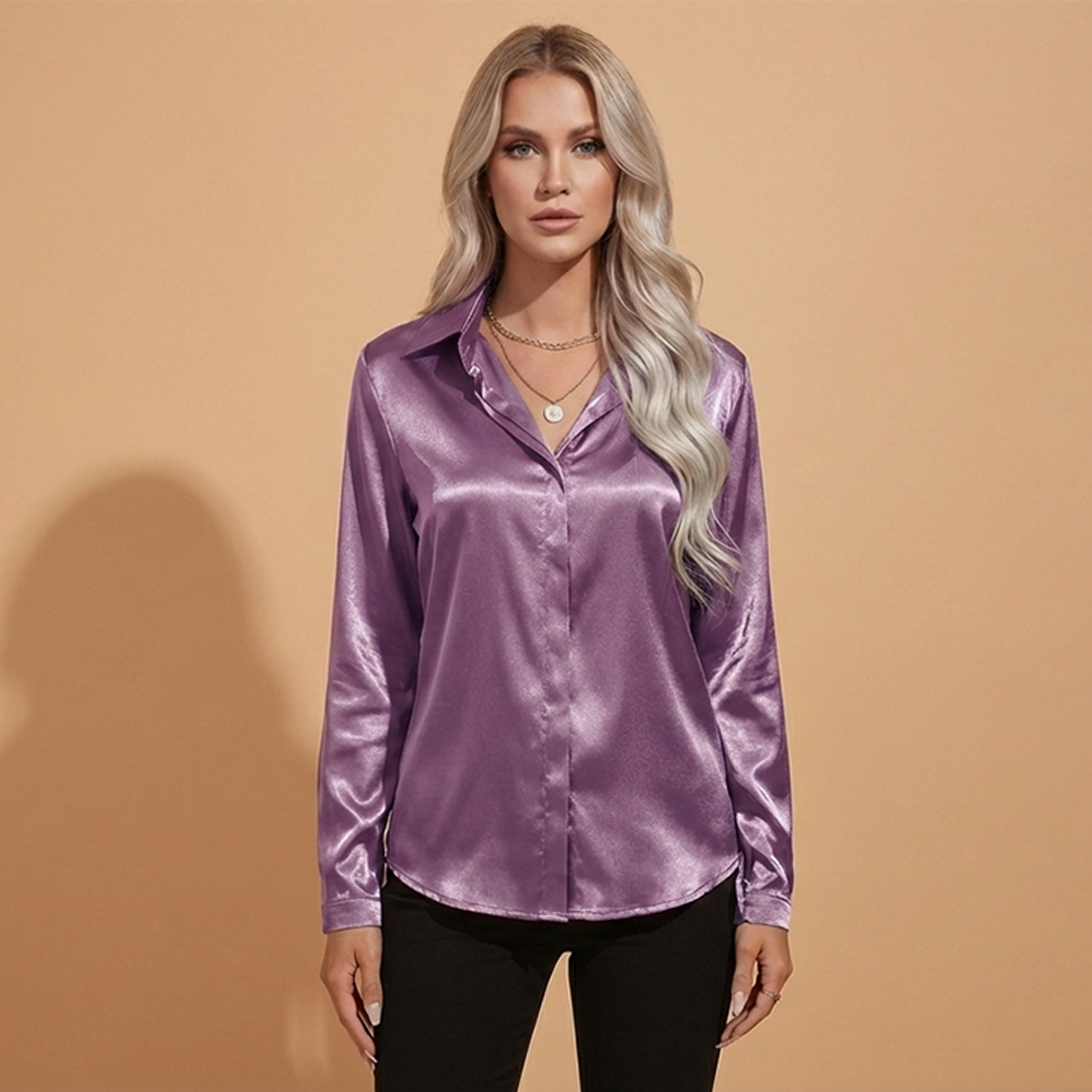 Amy | Women's Satin V-Neck Button Down Blouse