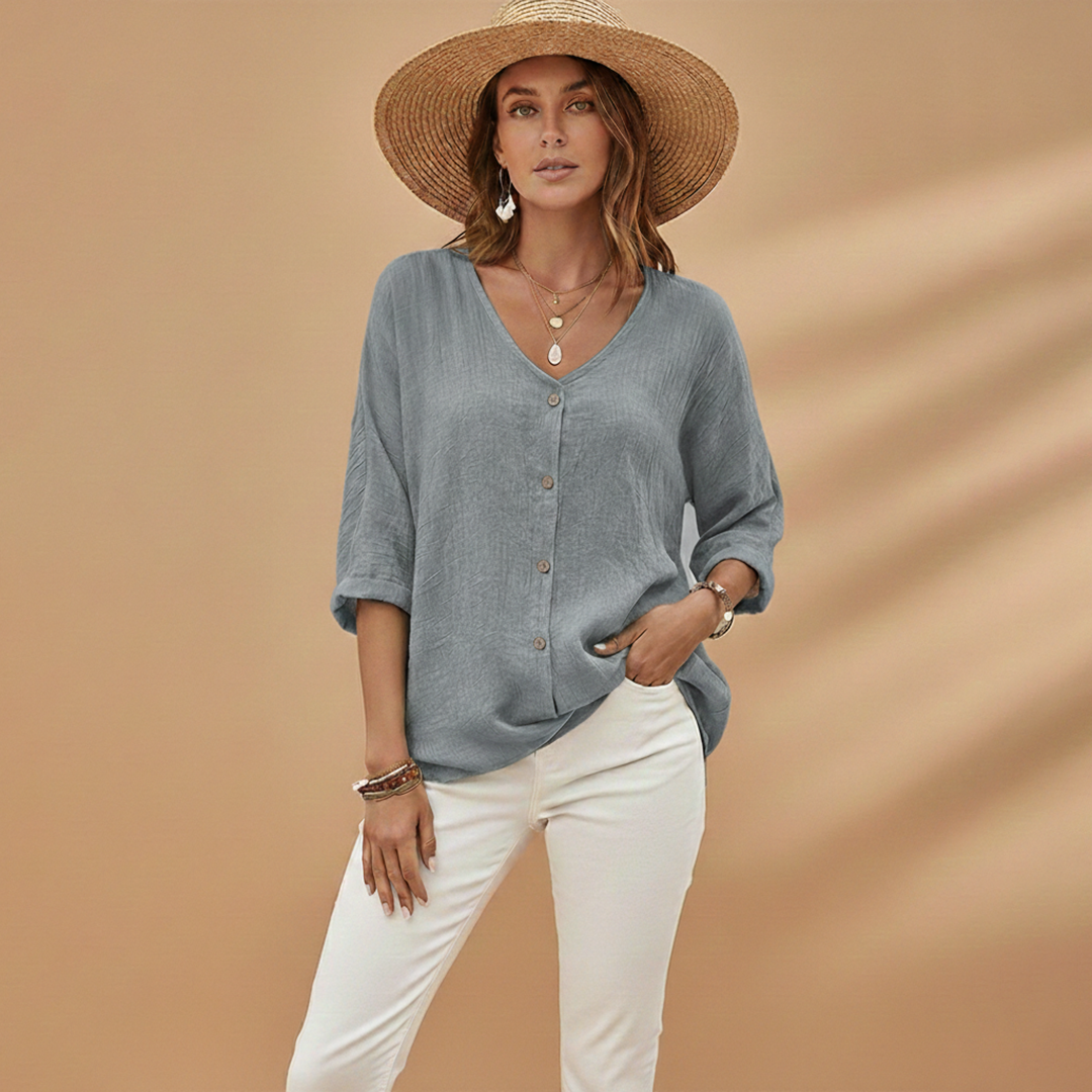 Ella | Women's Relaxed V-Neck Button Front Linen Top