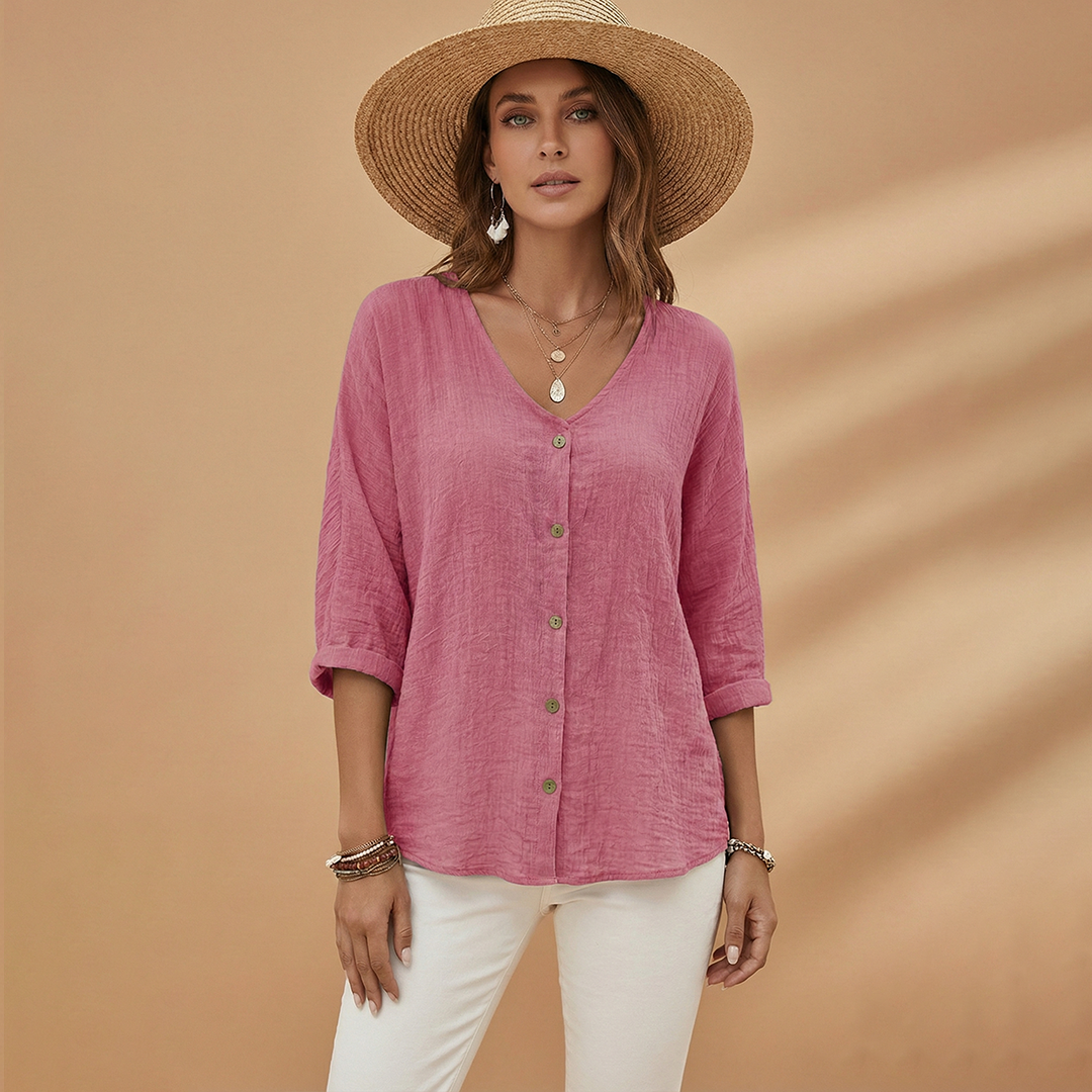 Ella | Women's Relaxed V-Neck Button Front Linen Top